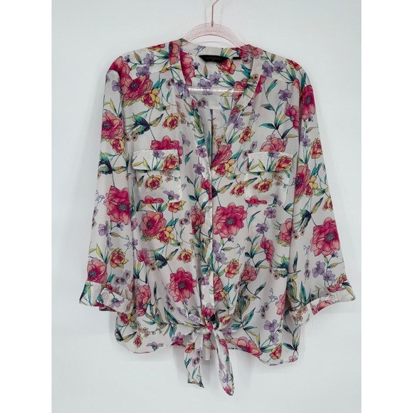 Investments II Sz 3X Floral Print Tie Front Blouse Top Long Sleeve Button Down - Picture 1 of 11
